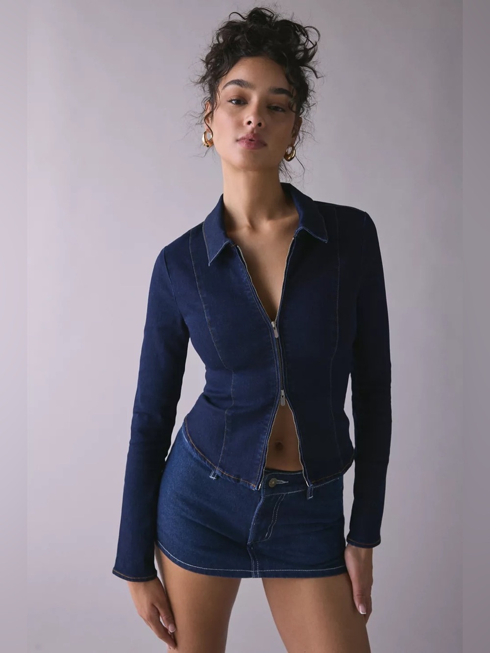 Urban Outfitters | UO Ledia Slim Long Sleeve Zip-Front Denim Shirt Y2K New Small